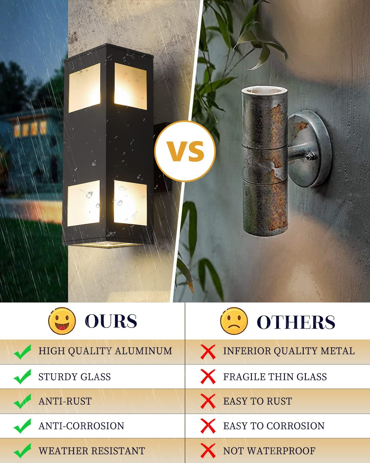 Porch Lights Outdoor Modern - IP64 Waterproof Aluminum and Tempered Glass Cover, 13" Rectangular Up/Down Wall Sconce for Porch, Garage & Patio, Exterior Lighting, Black, 2 Pack