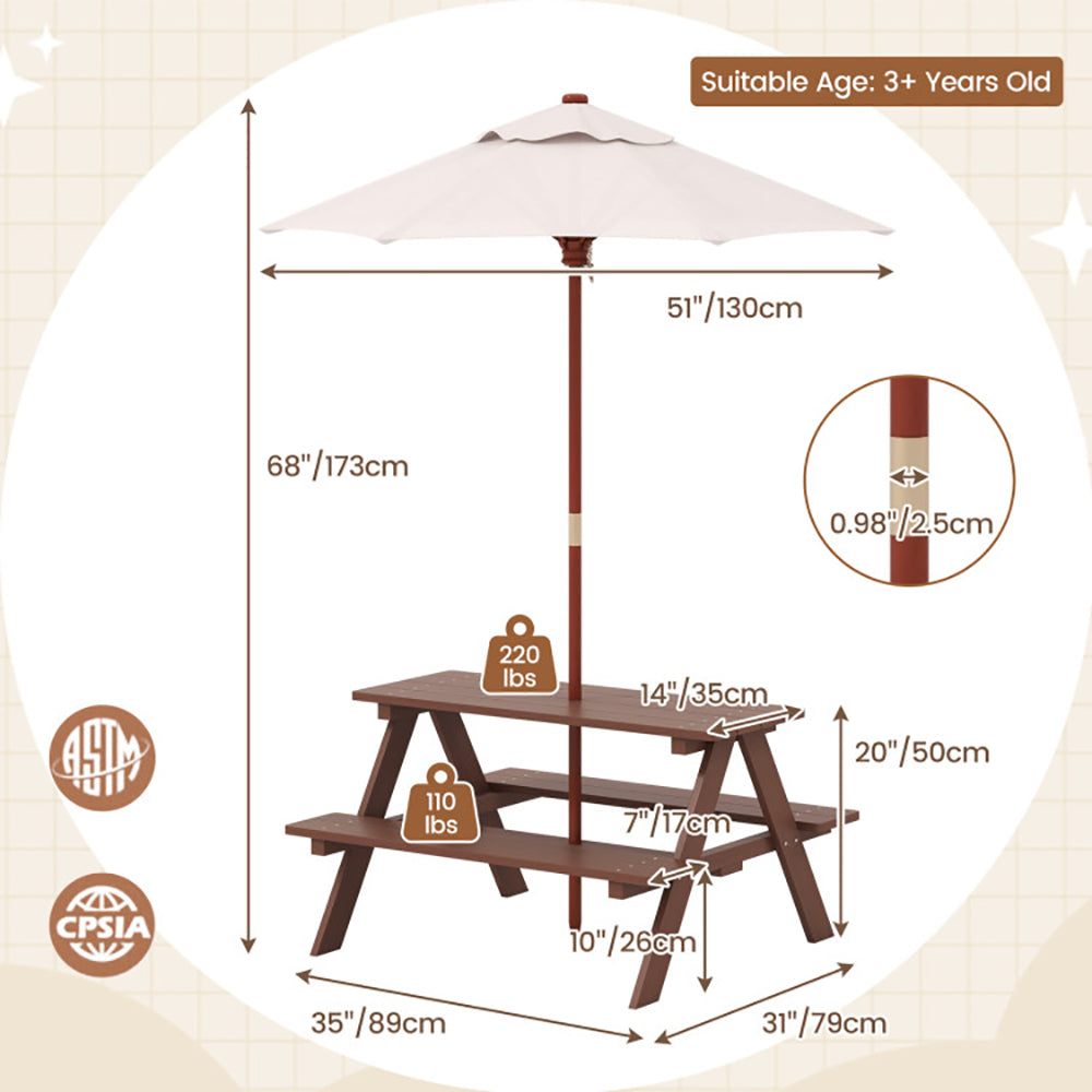 Kids Outdoor Picnic Table & Bench Set with Removable Sun Umbrella | Seats 4