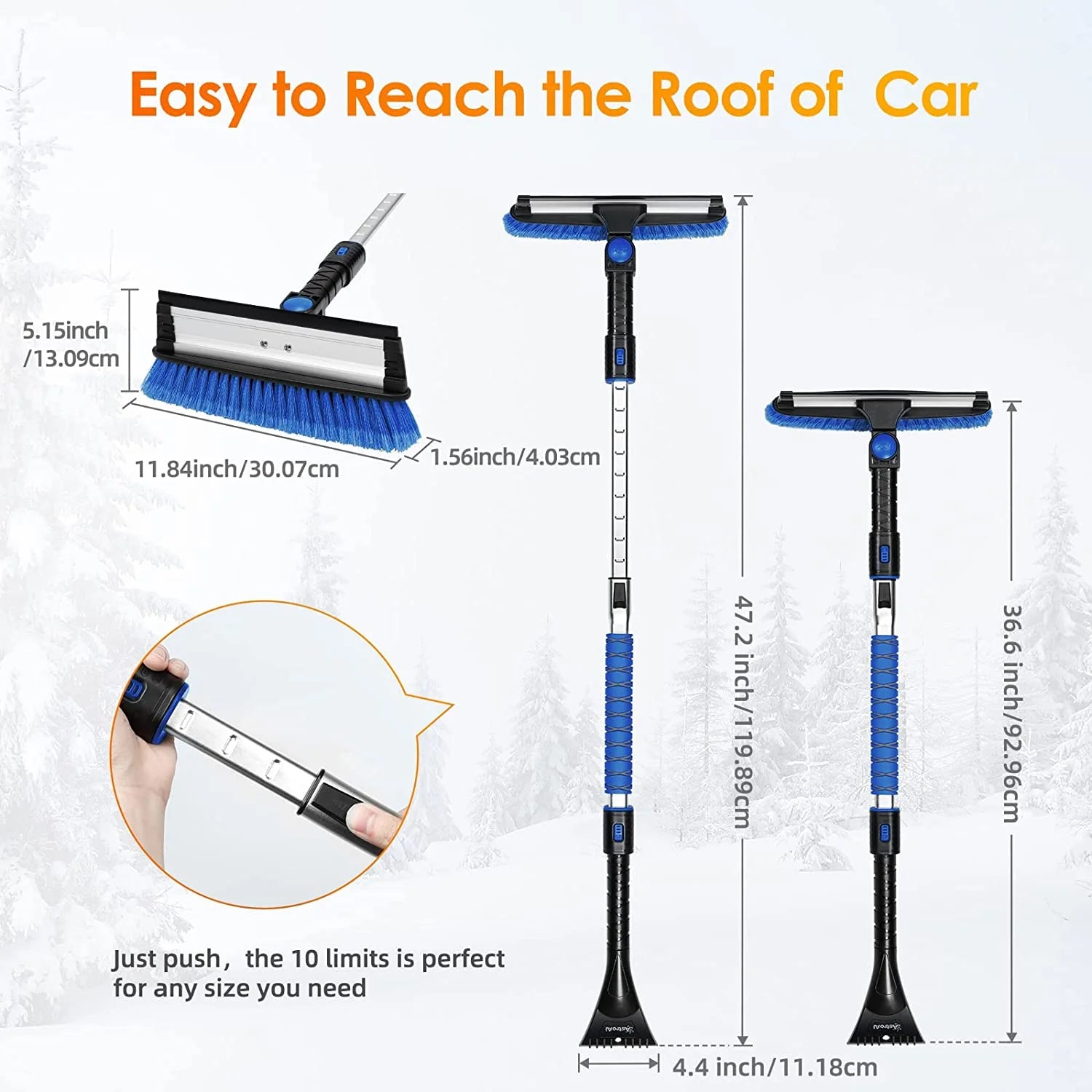 Ice Scrapers for Car Windshield, 47.2" Snow Brush with Squeegee, Exentable Handle, 270° Pivoting Snow Scraper for Car, Blue