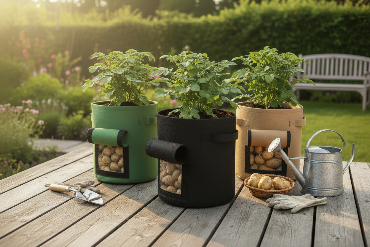 Three grow bags with plants and harvested potatoes, surrounded by vegetables.
