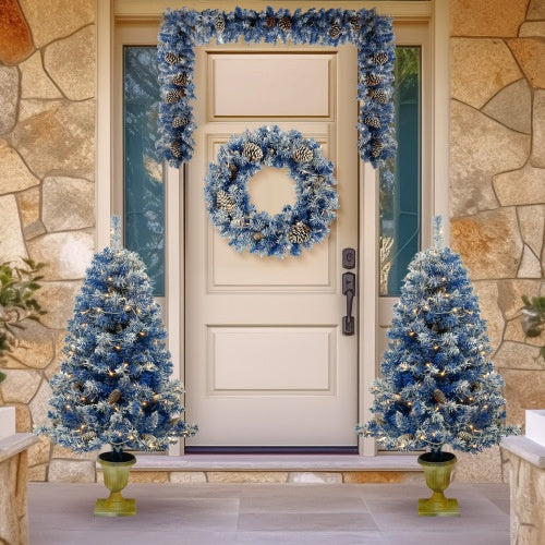 4-Piece Pre-Lit Blue Christmas Tree Set with Garland & Wreath