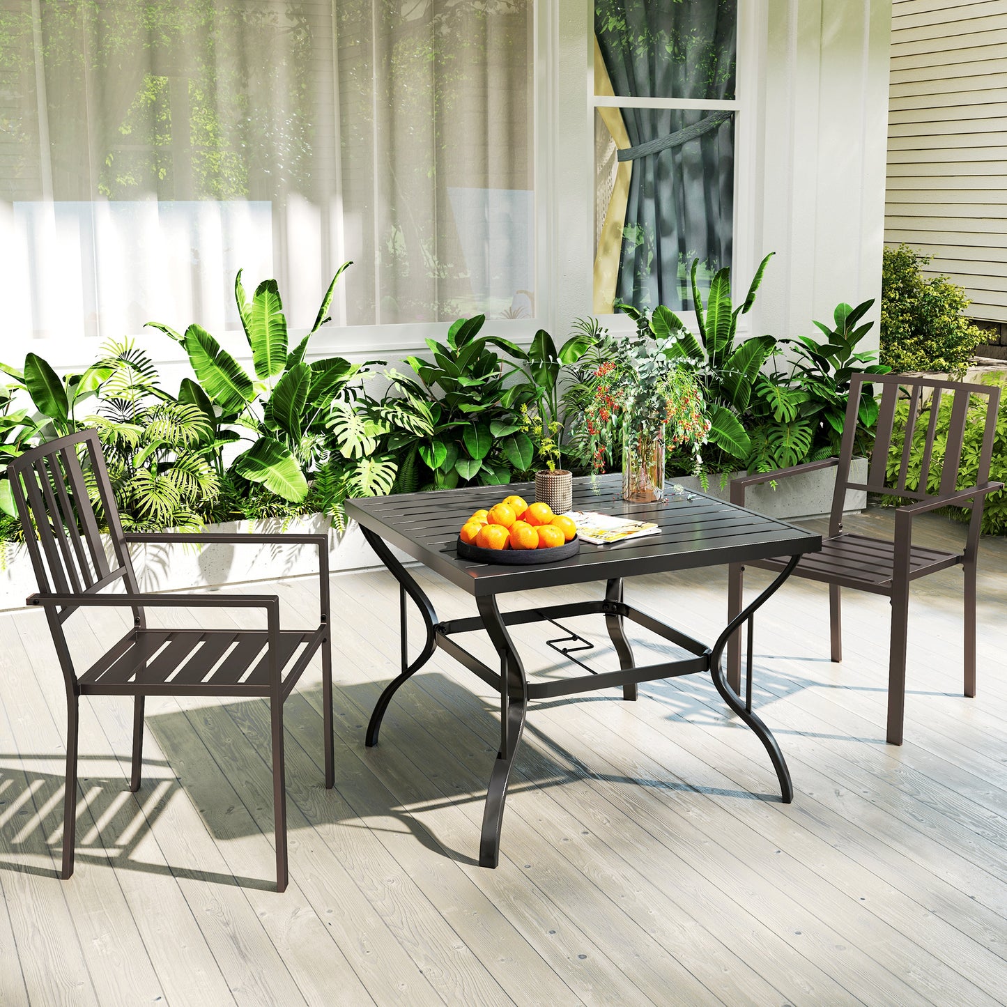 Stackable Metal Patio Dining Chairs with Slatted Design | Set of 2, Dark Brown