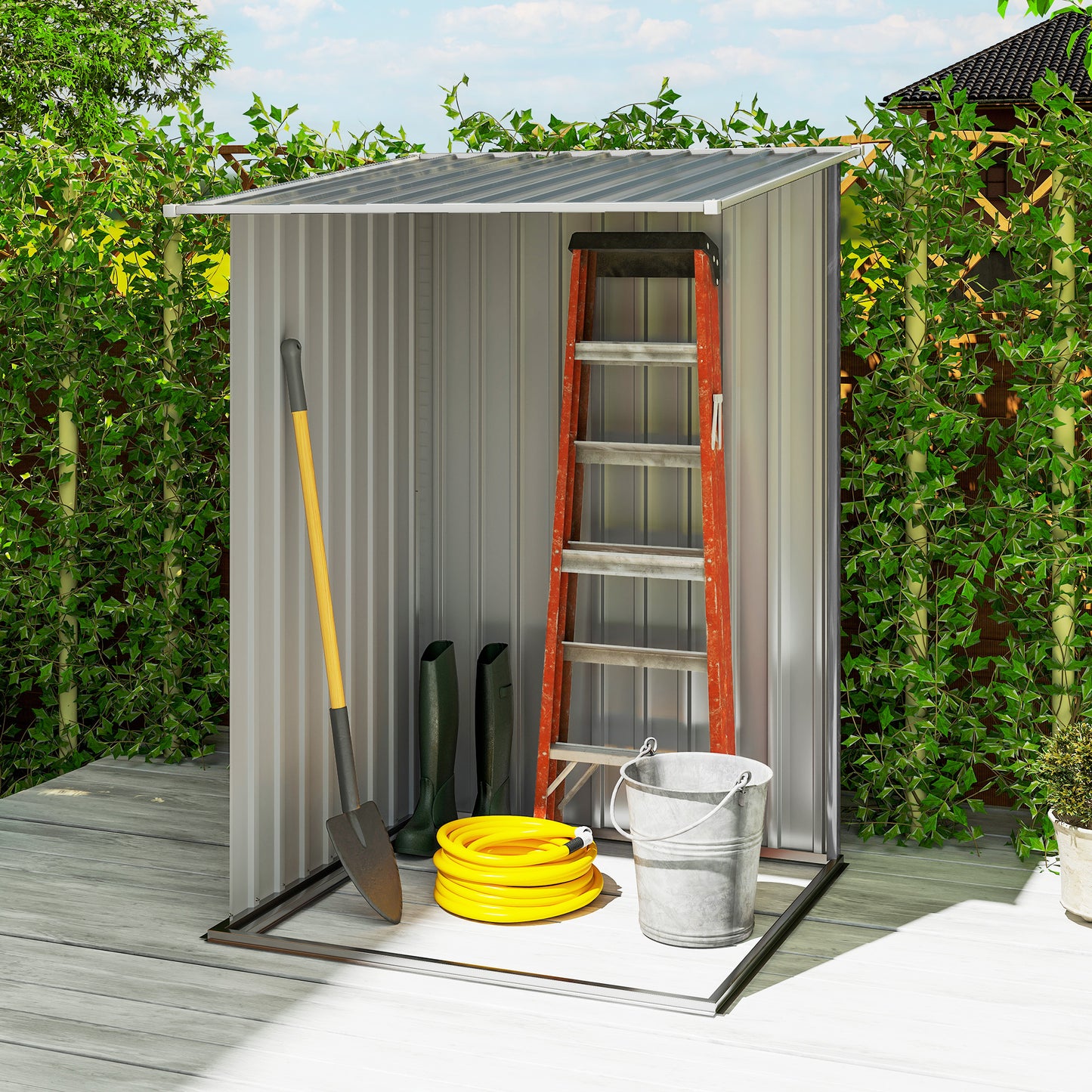 Lean-To Outdoor Storage Shed – Galvanized Steel, Lockable, 10 sq ft, Gray