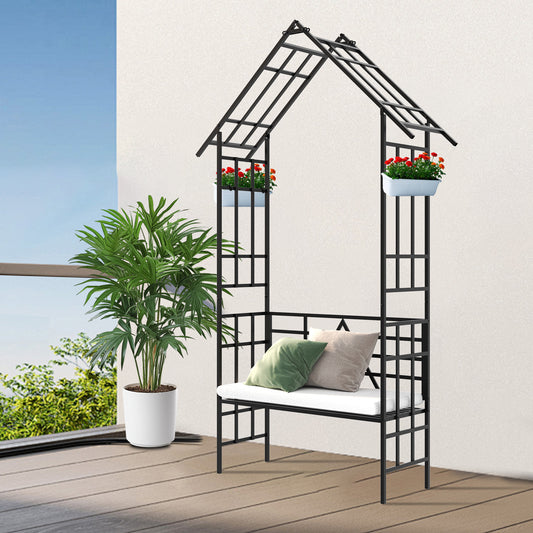 Metal Garden Arch with Convertible Flower Stand & Bench – 97" Climbing Plant Support