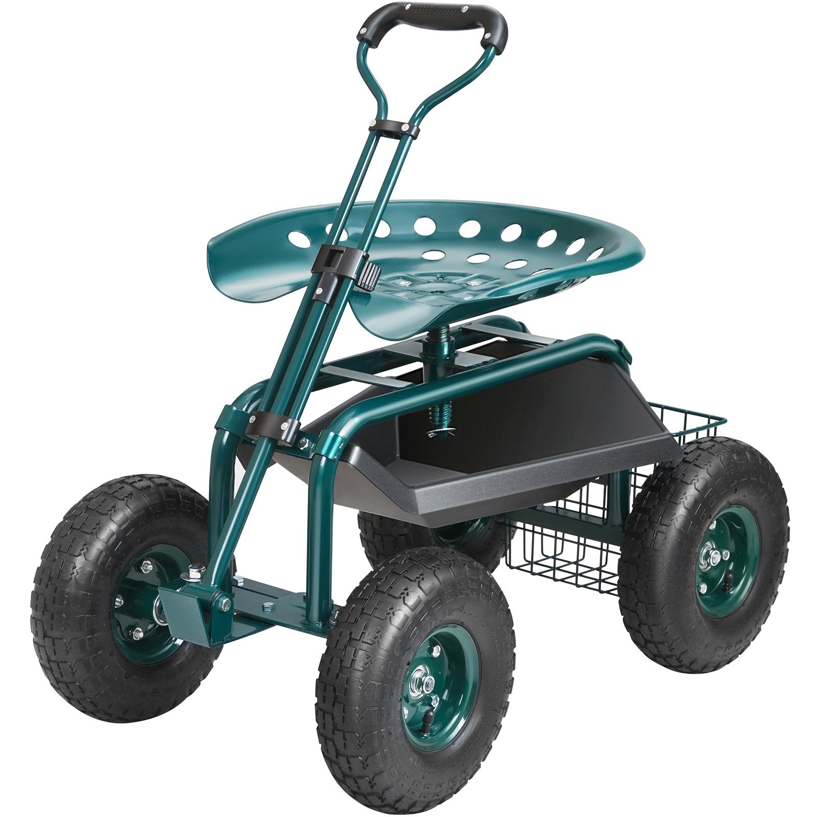 Green garden cart with seat and basket on a white background