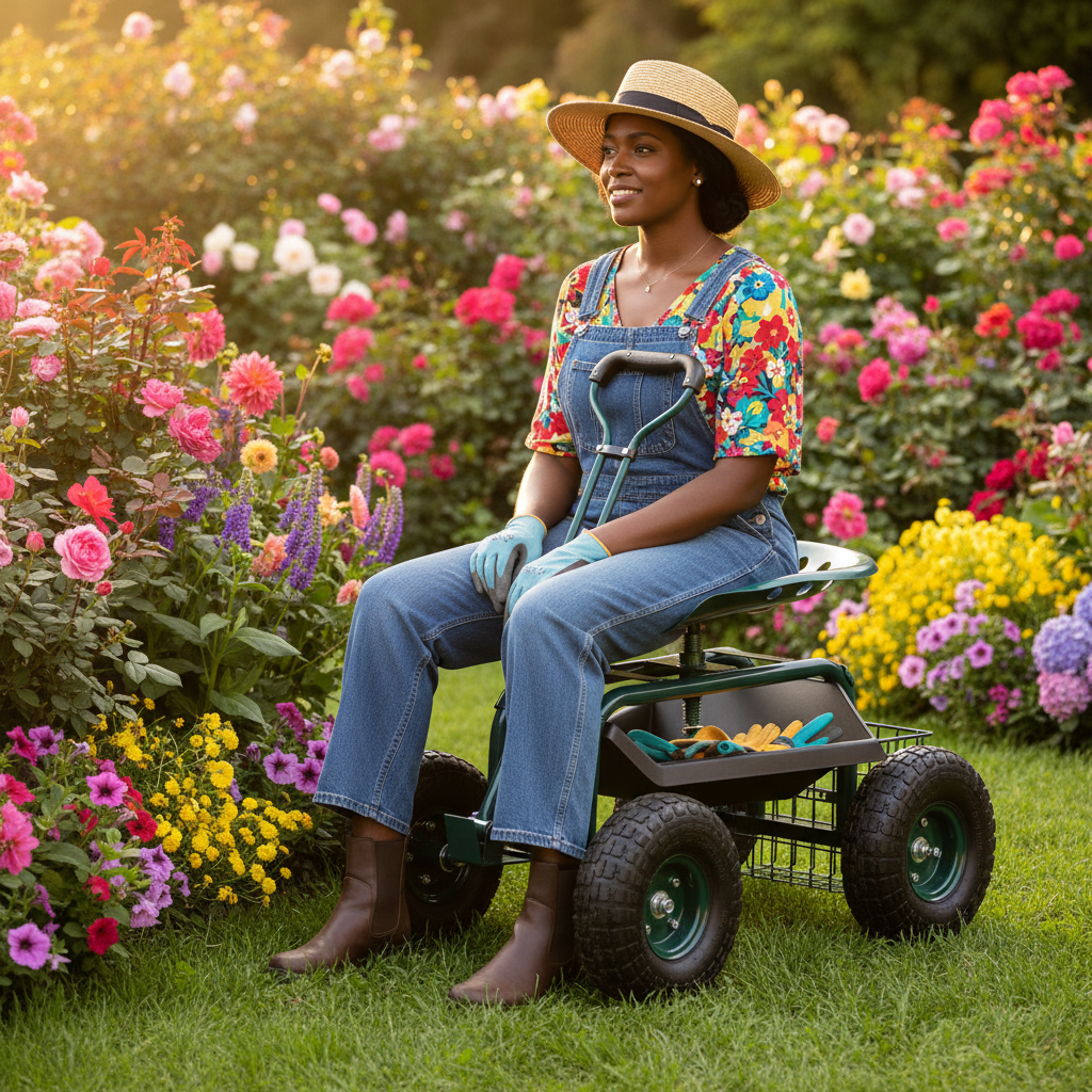 Height-Adjustable Rolling Garden Seat with Swivel, Wheels & Tool Tray
