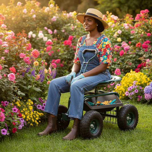 Height-Adjustable Rolling Garden Seat with Swivel, Wheels & Tool Tray