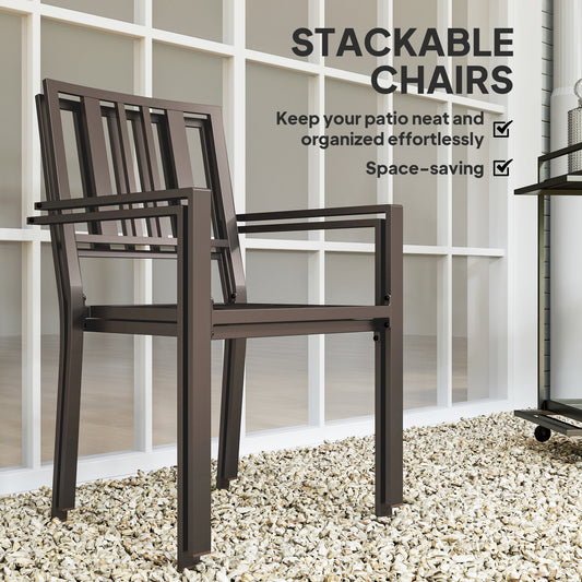Stackable Metal Patio Dining Chairs with Slatted Design | Set of 2, Dark Brown