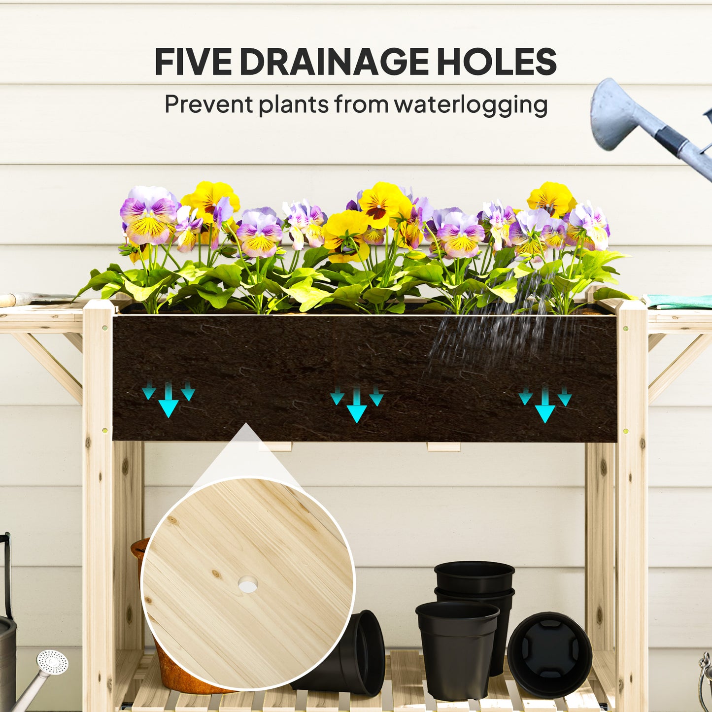 Elevated Raised Garden Bed with Wheels, Side Tables & Storage - Natural Wood