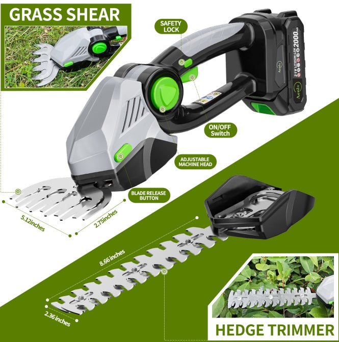 Cordless Hedge Trimmer 2-in-1 with Grass Shears & 21V Battery Kit