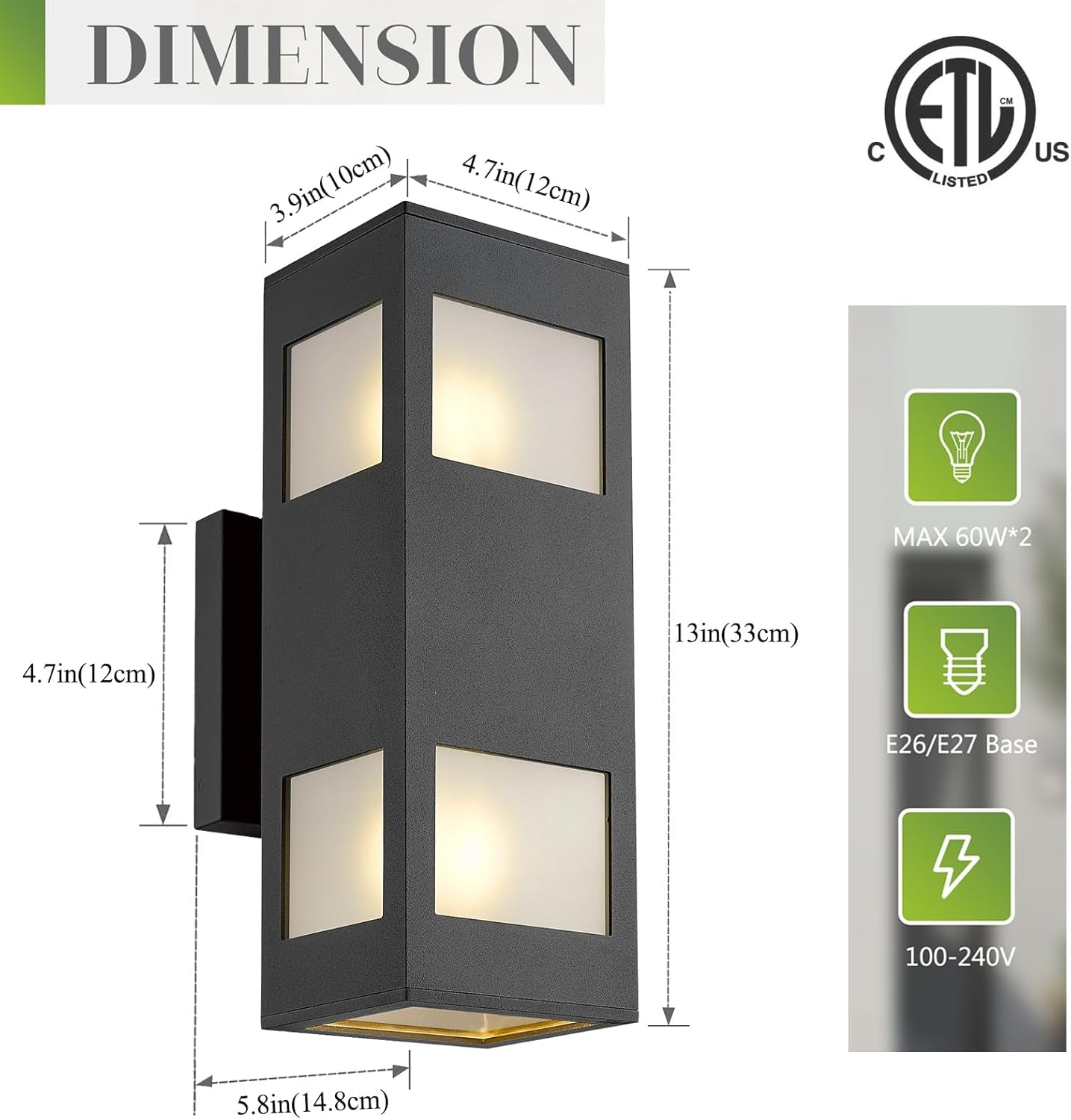 Porch Lights Outdoor Modern - IP64 Waterproof Aluminum and Tempered Glass Cover, 13" Rectangular Up/Down Wall Sconce for Porch, Garage & Patio, Exterior Lighting, Black, 2 Pack