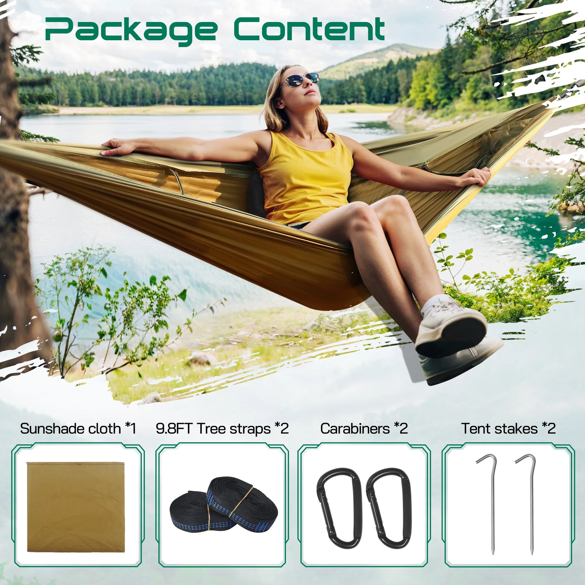 Camping Hammock, 4 in 1 Portable Hammock Tent, 2 Person Pop-Up Hammock with Mosquito Net & Sunshade Cloth & Tree Straps, 550Lbs Max Load Heavy Duty Tree Hammock for Outdoor Camping