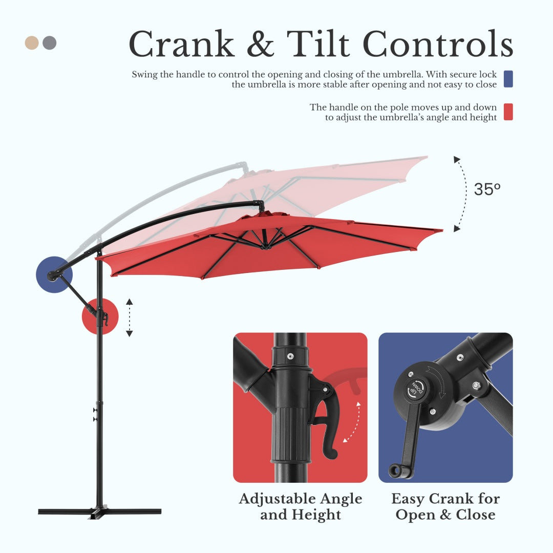 9.8 ft Cantilever Patio Umbrella – UPF 50+, Crank Tilt, Vented Canopy, 73.2 Sq Ft Shade