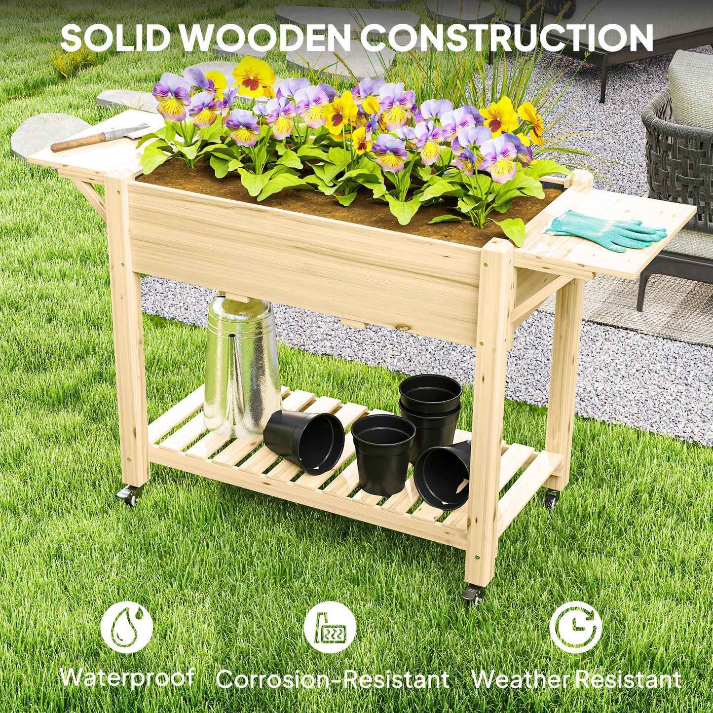 Elevated Raised Garden Bed with Wheels, Side Tables & Storage - Natural Wood