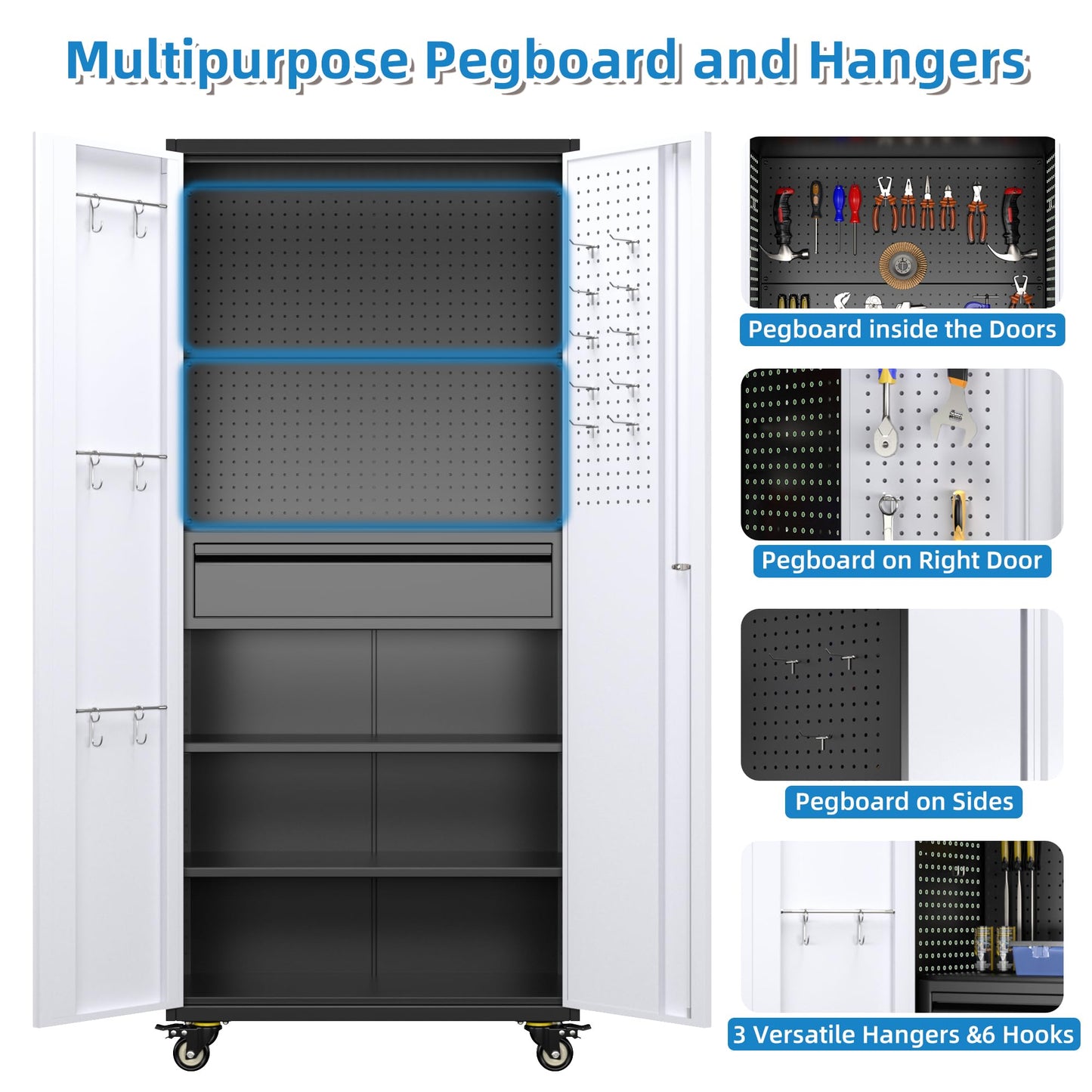 71" Heavy Duty Metal Storage Cabinet with Pegboard & Lockable Drawer