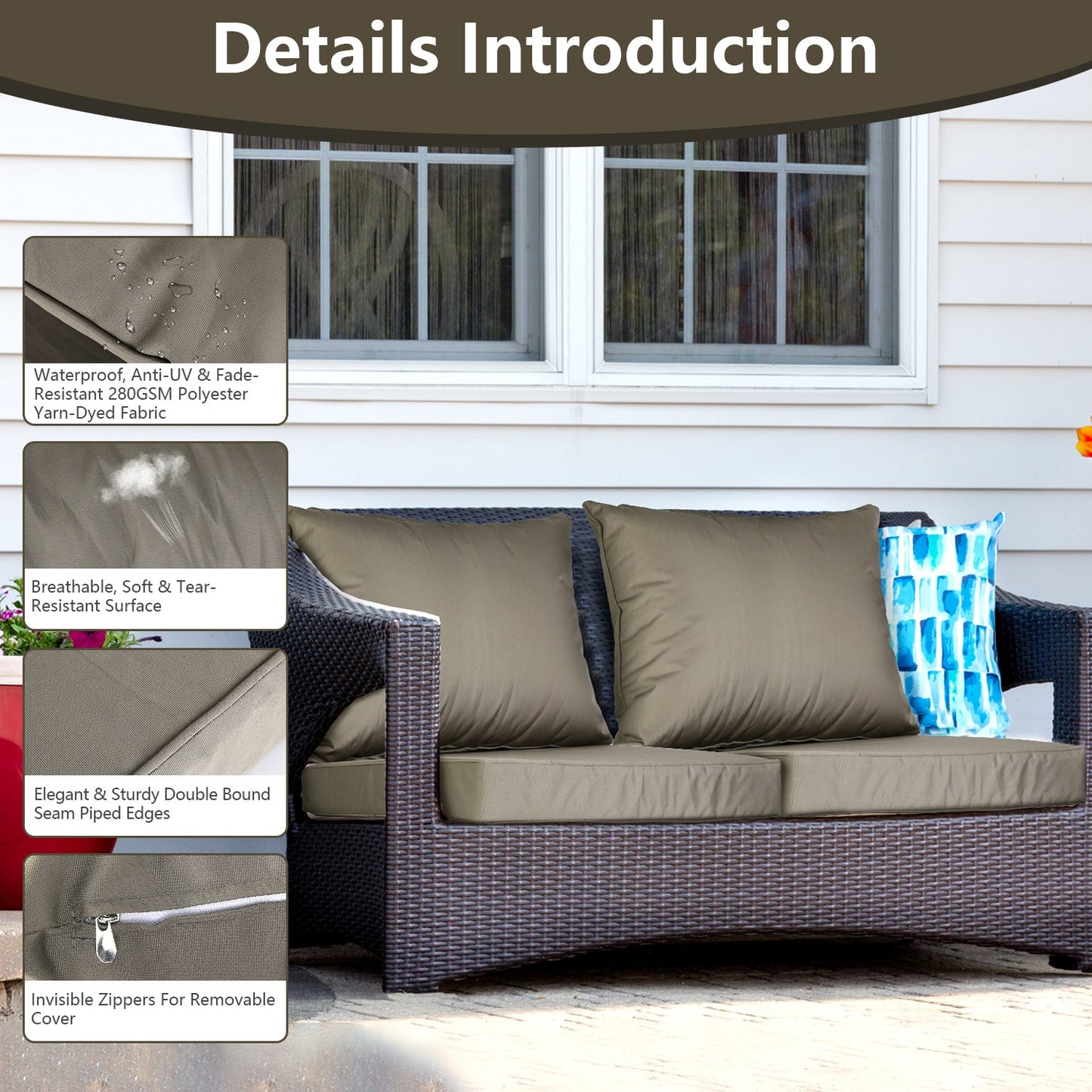 Outdoor Deep Seat Cushion & Back Pillow Set – Waterproof, UV-Resistant, 4 Colors - Rooted Supplies