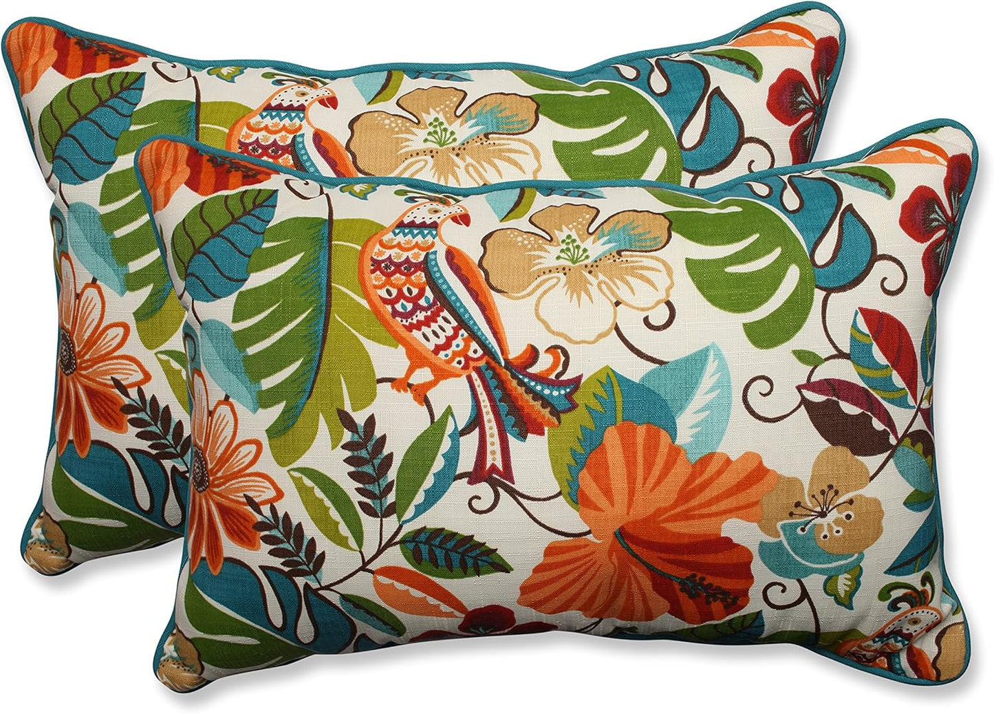 Floral Indoor/Outdoor Accent Throw Pillow Plush Fill, Weather, and Fade Resistant, Lumbar - 11.5" X 18.5", Blue/Brown Pom Pom Play 2 Count