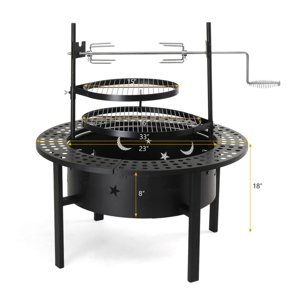 33-Inch Fire Pit & BBQ Grill with Rotisserie, 2 Grates