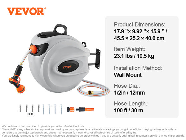 VEVOR Retractable Hose Reel 100ft - Auto Rewind Wall Mount with 9-Pattern Nozzle