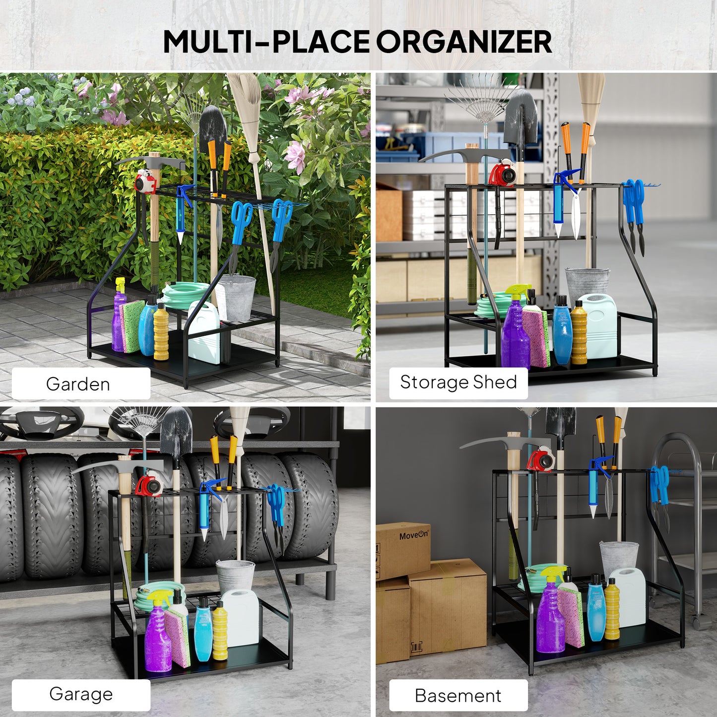 3-Tier Garden Tool Organizer Rack – Holds 20+ Tools with Hooks & Shelves
