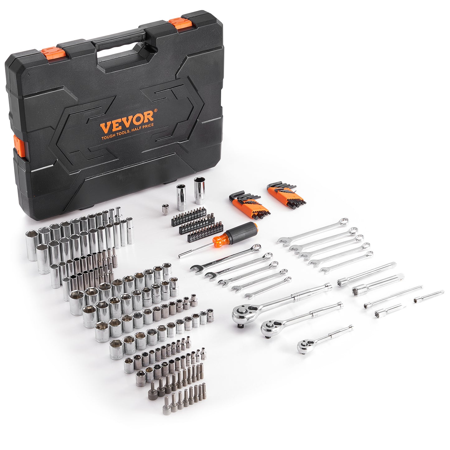 VEVOR 205-Piece Mechanics Tool Set – SAE & Metric Socket Set with Storage Case