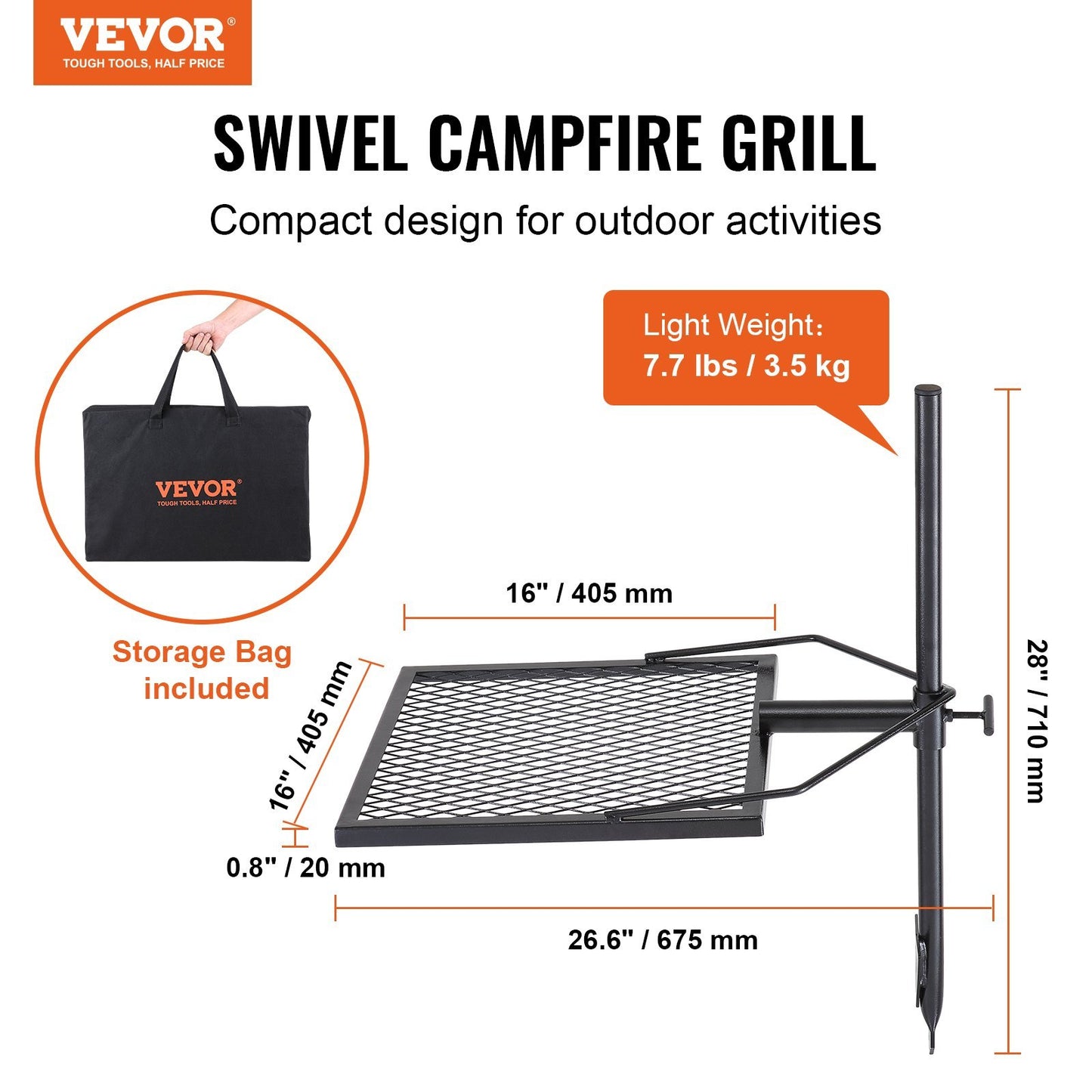 VEVOR 360° Swivel Campfire Grill – Heavy Duty Steel Fire Pit Cooking Grate