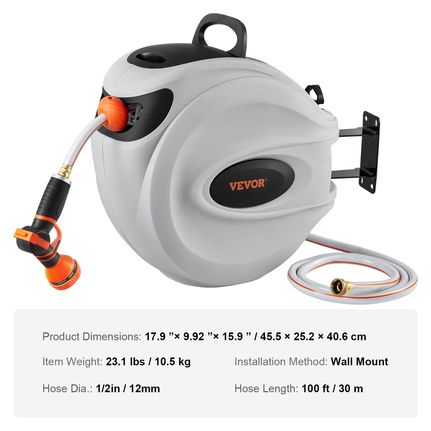 VEVOR Retractable Hose Reel 100ft - Auto Rewind Wall Mount with 9-Pattern Nozzle