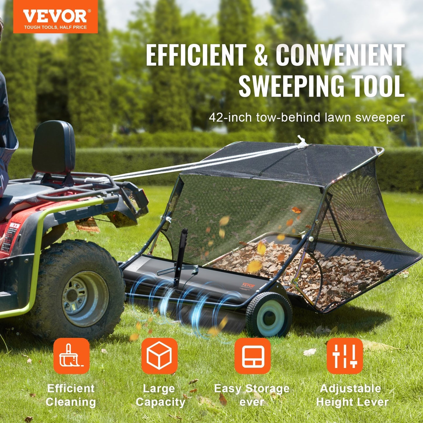 VEVOR 42" Tow-Behind Lawn Sweeper - 12 Cu.Ft Adjustable Leaf Collector