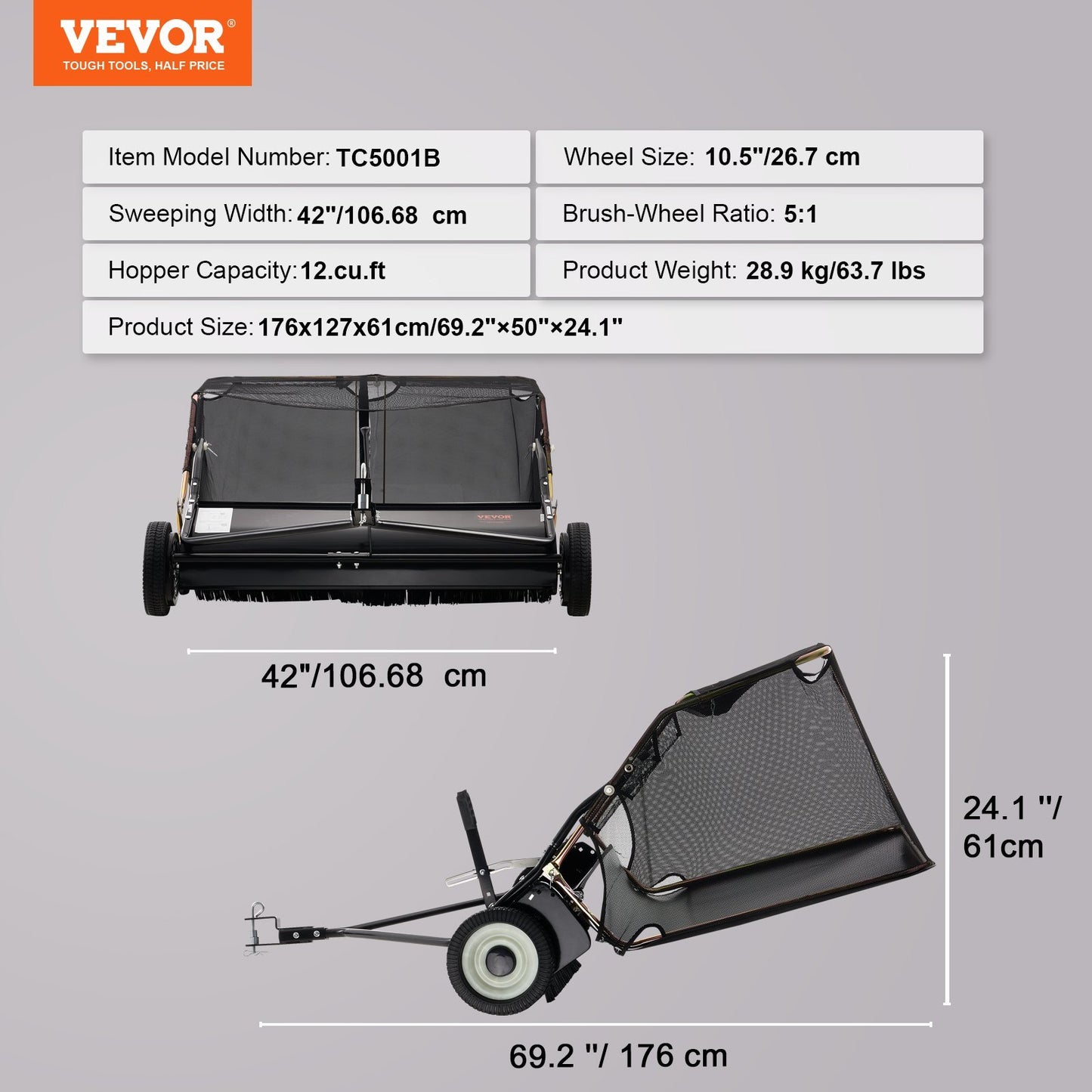 VEVOR 42" Tow-Behind Lawn Sweeper - 12 Cu.Ft Adjustable Leaf Collector