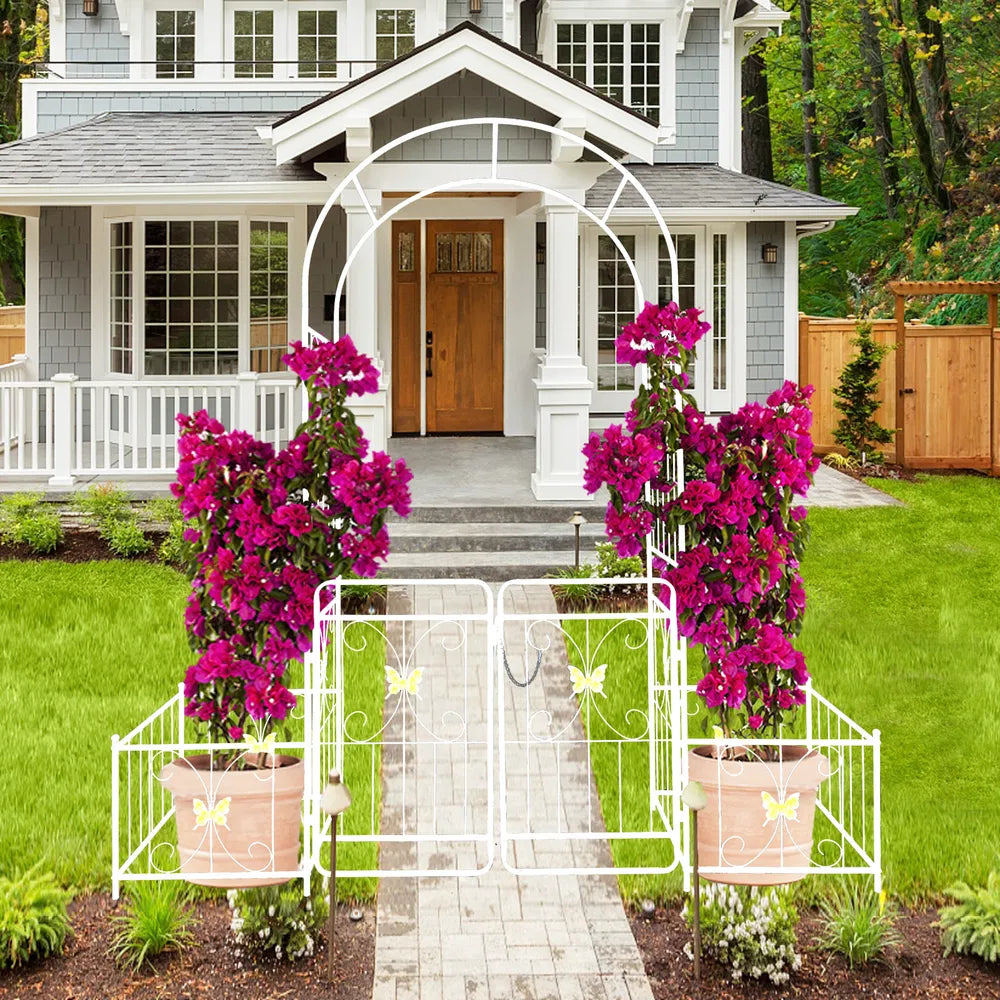 Iron Garden Arch Arbor with Gate & Lattice Panels – Easy Assembly, Climbing Plants