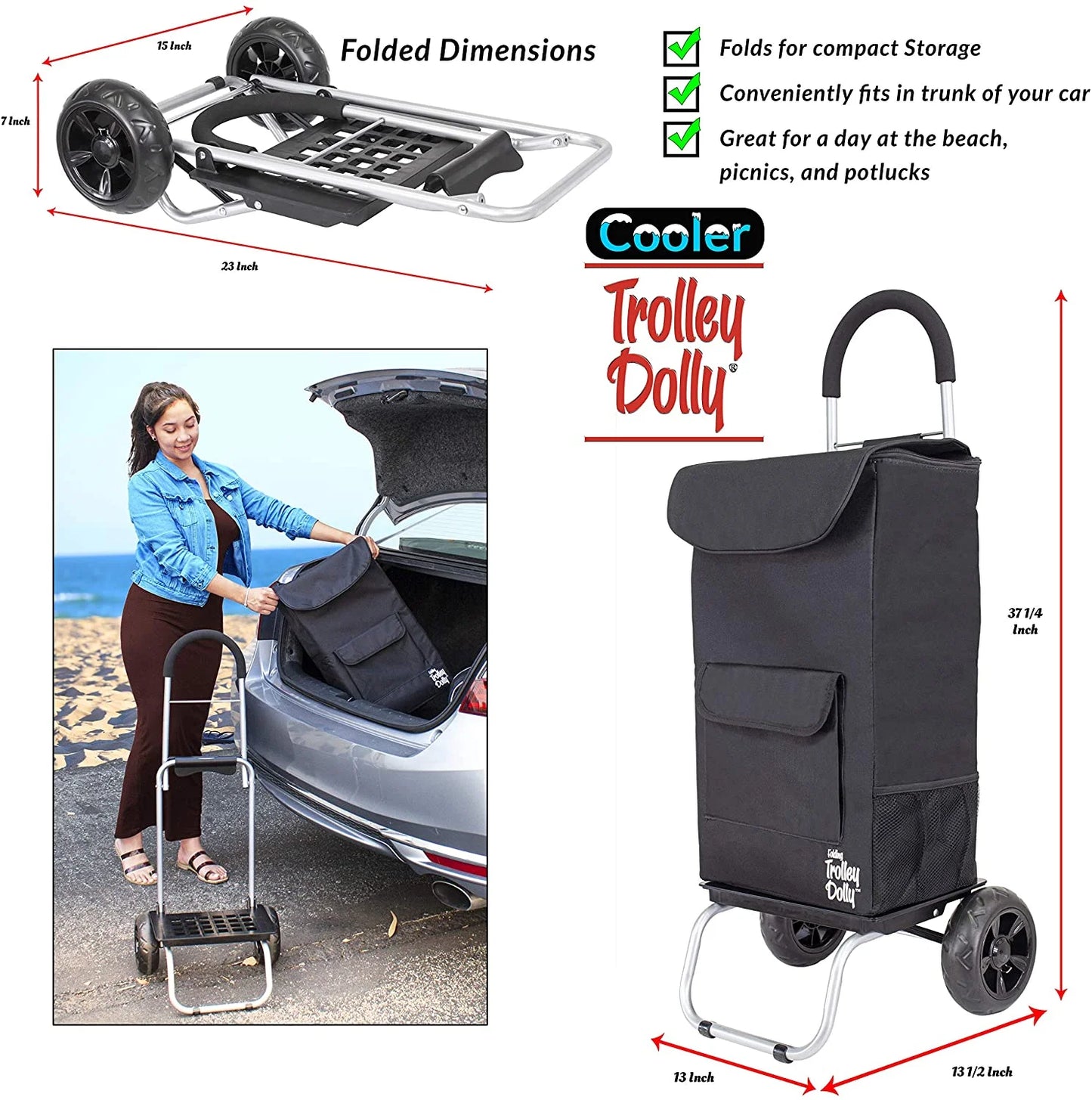 Cooler Trolley Dolly, Black Insulated Cooler Bag Folding Collapsible Rolling Shopping Grocery Tailgating Bbq Beer Ice Cart