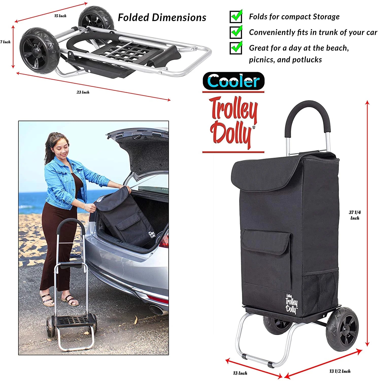 Cooler Trolley Dolly, Black Insulated Cooler Bag Folding Collapsible Rolling Shopping Grocery Tailgating Bbq Beer Ice Cart