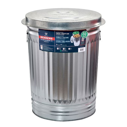 31 Gallon Silver/Galvanized Metal Indoor/Outdoor Kitchen Detached Lid Trash Can