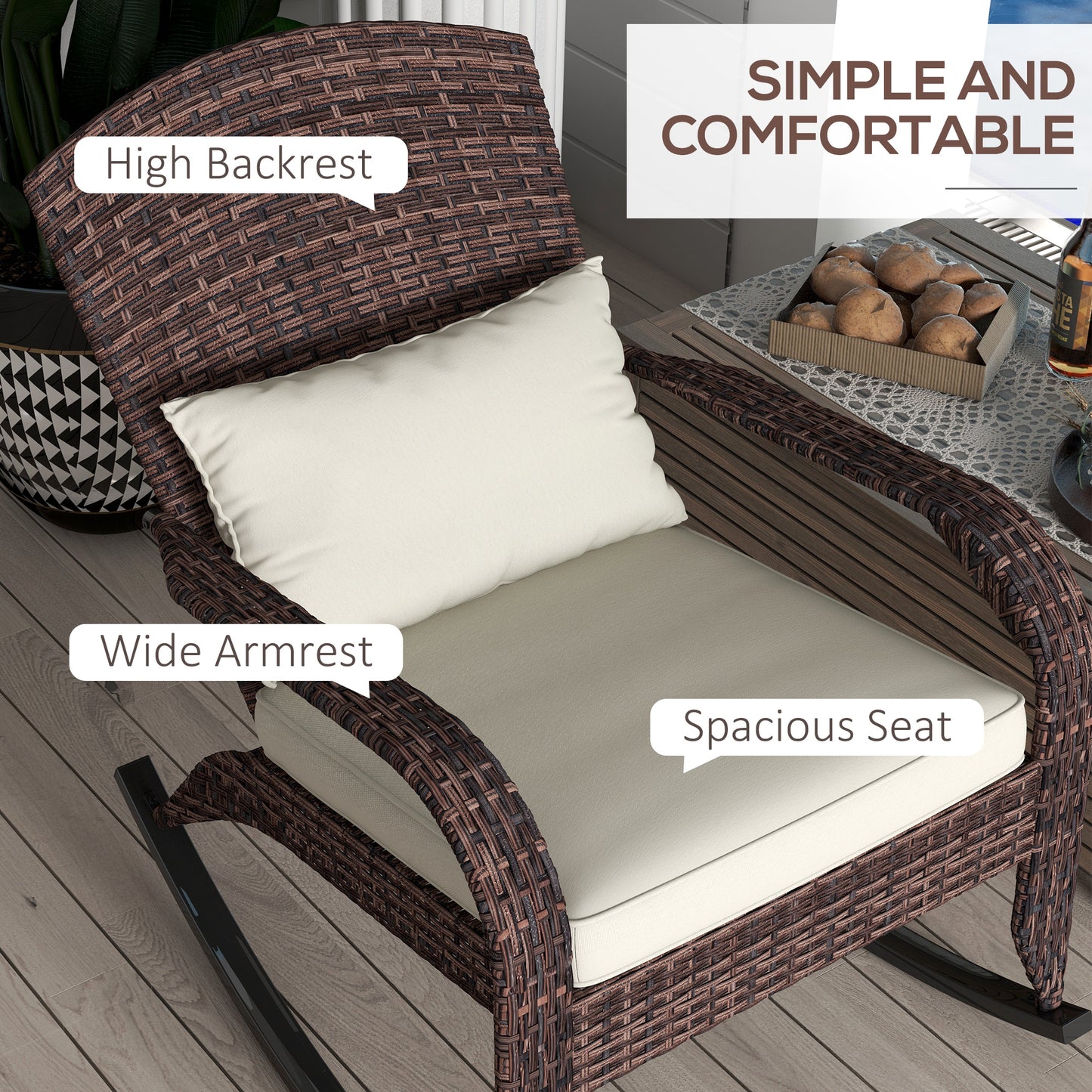 Outdoor Wicker Rocking Chair with High Back Cushion and Pillow, Adirondack Style