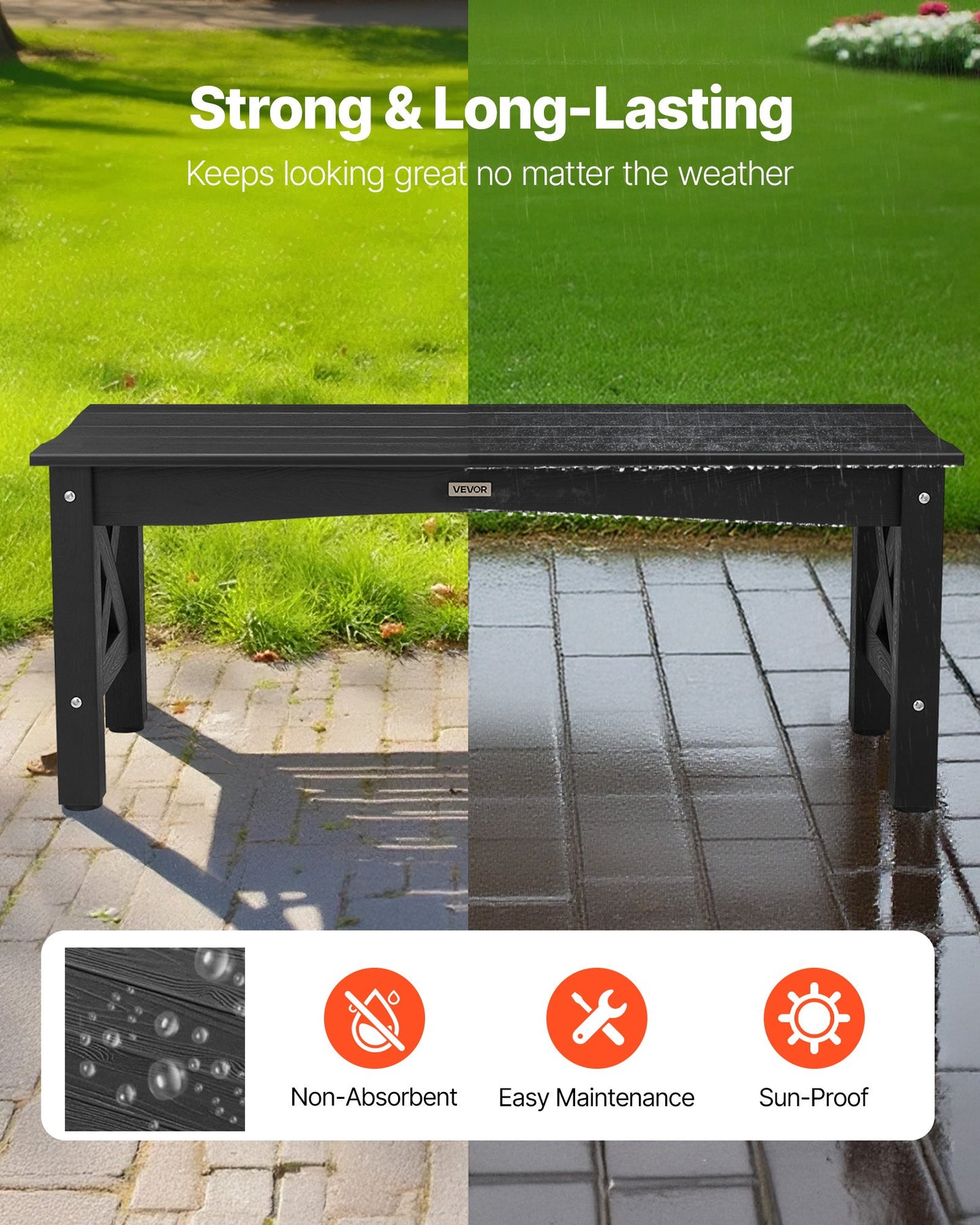 Outdoor Patio Bench 44.5" Weatherproof HDPE — Seats 2, 600 lb Capacity