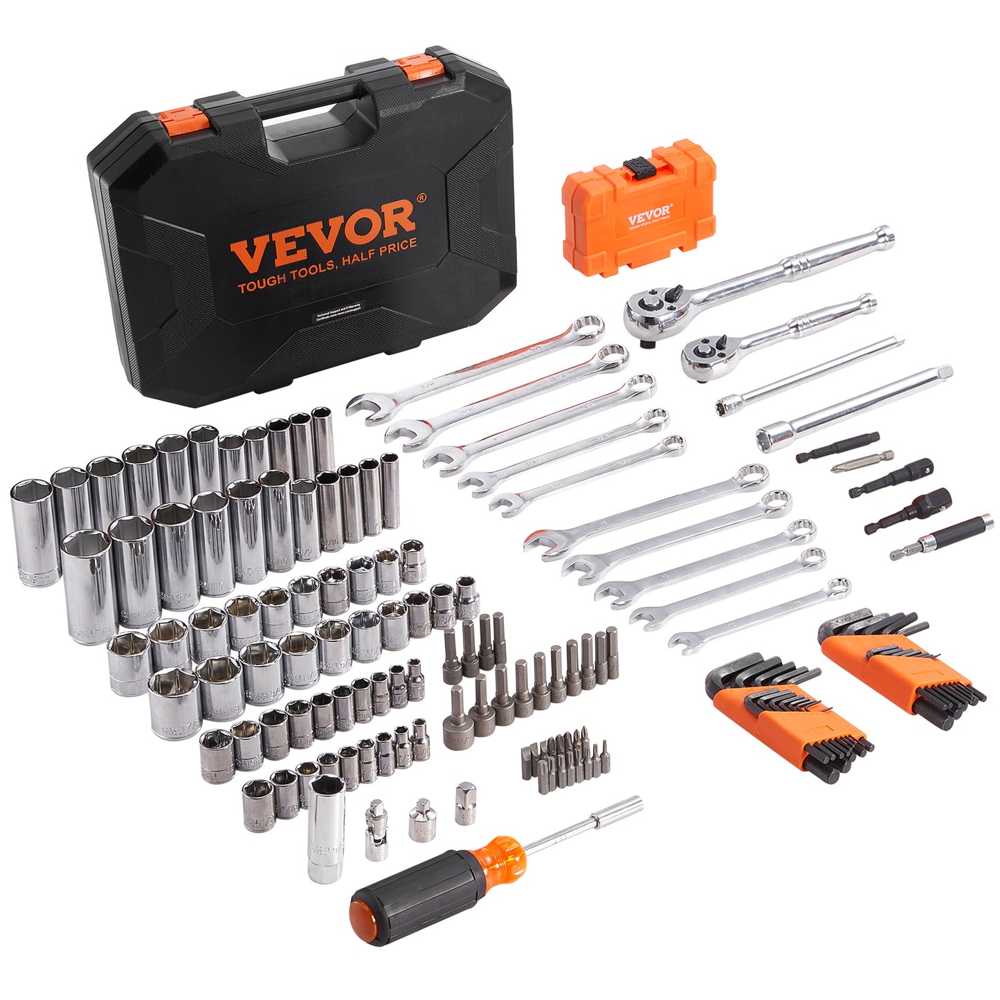 VEVOR 145-Piece Mechanics Tool Set – SAE & Metric Socket Set with Storage Case