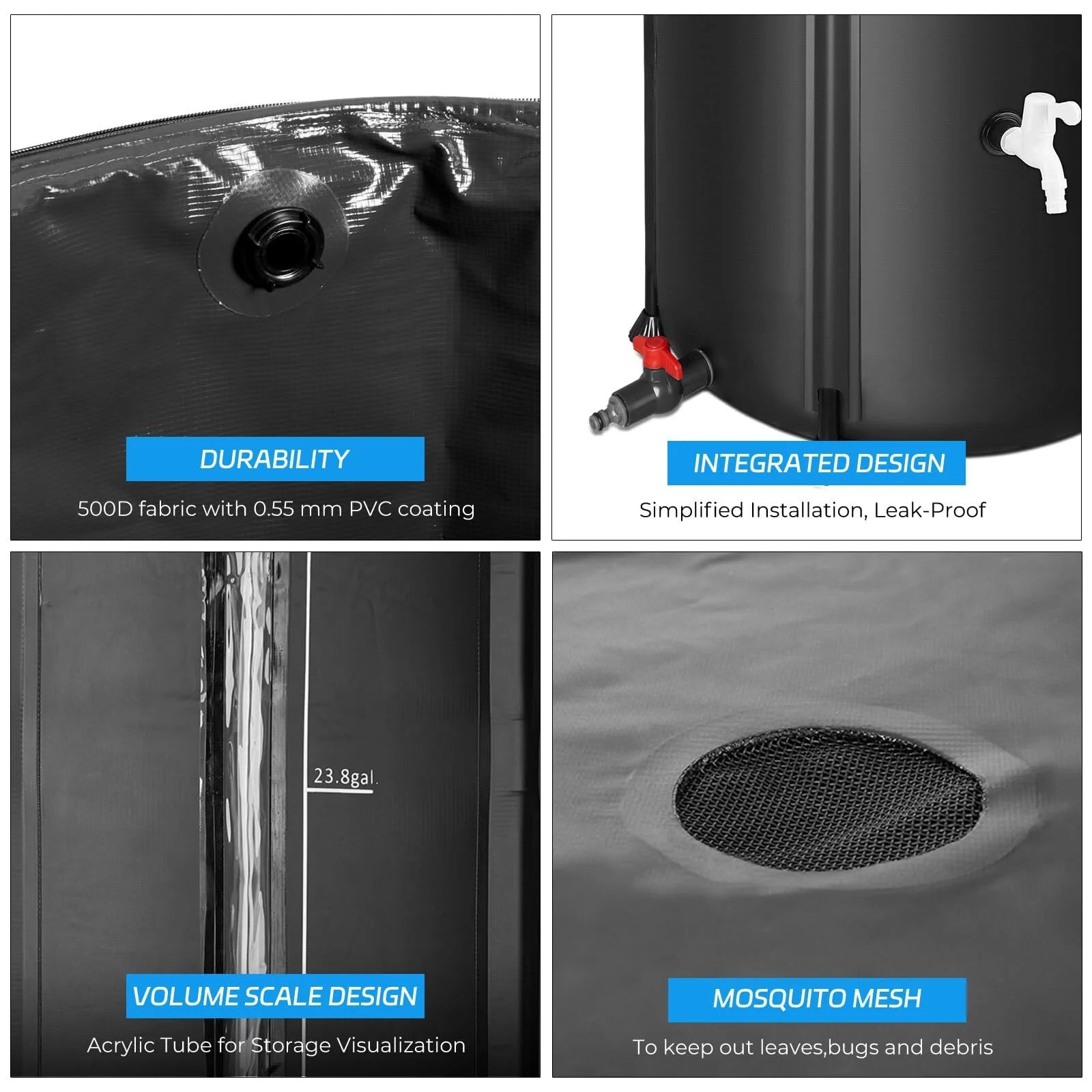 Collapsible Rain Barrel 53 Gallon Rainwater Collection Storage Tank with Garden Hose, Black
