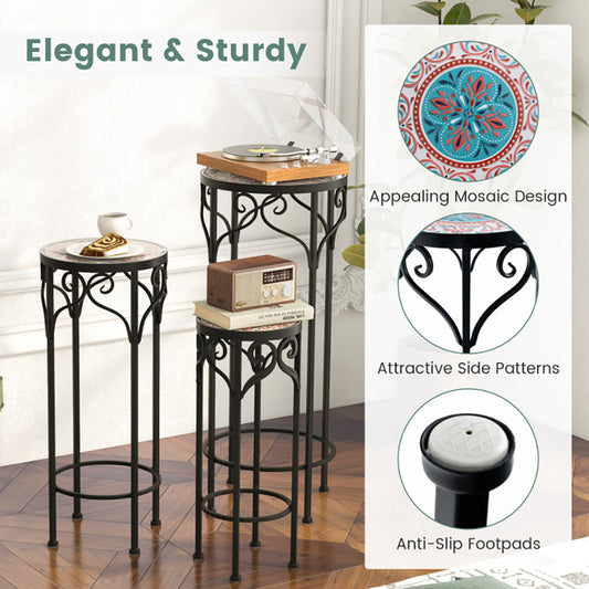 3-Piece Mosaic Plant Stand Set – Stackable Metal Outdoor Plant Holders