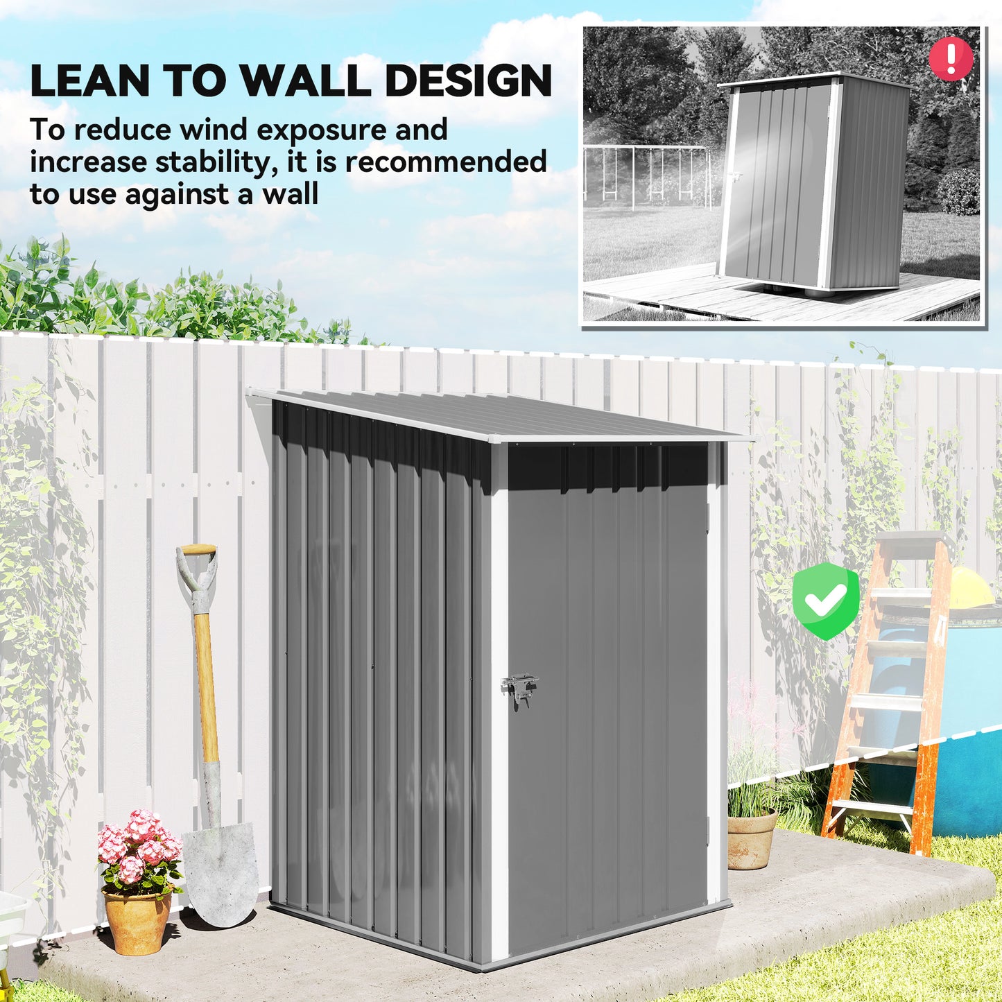 Lean-To Outdoor Storage Shed – Galvanized Steel, Lockable, 10 sq ft, Gray
