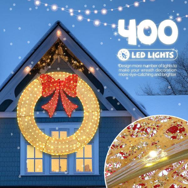 60" Pre-Lit Gold Christmas Wreath with 400 LED Lights & Red Bow