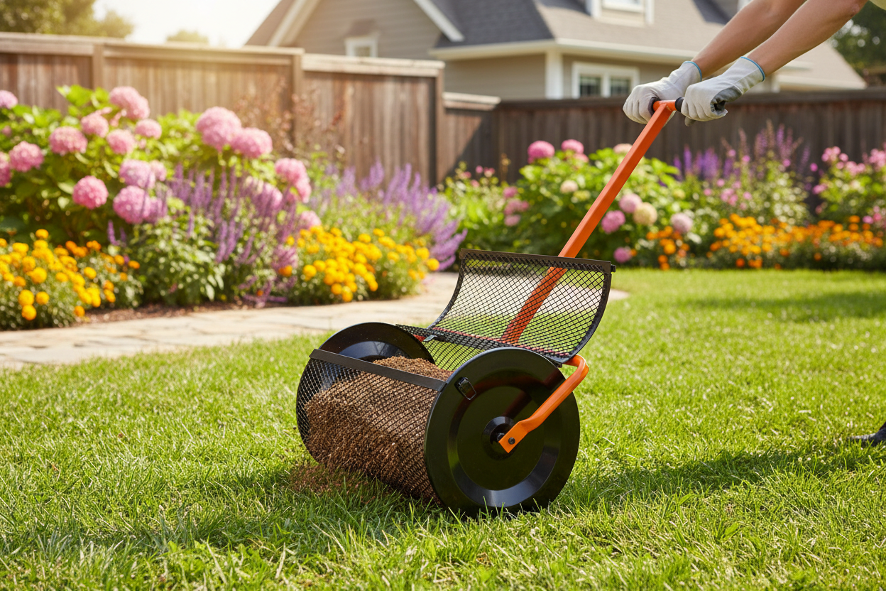 24 in. Rolling Compost Spreader for Lawn Topdressing with Mulch, Topsoil, and Fertilizer