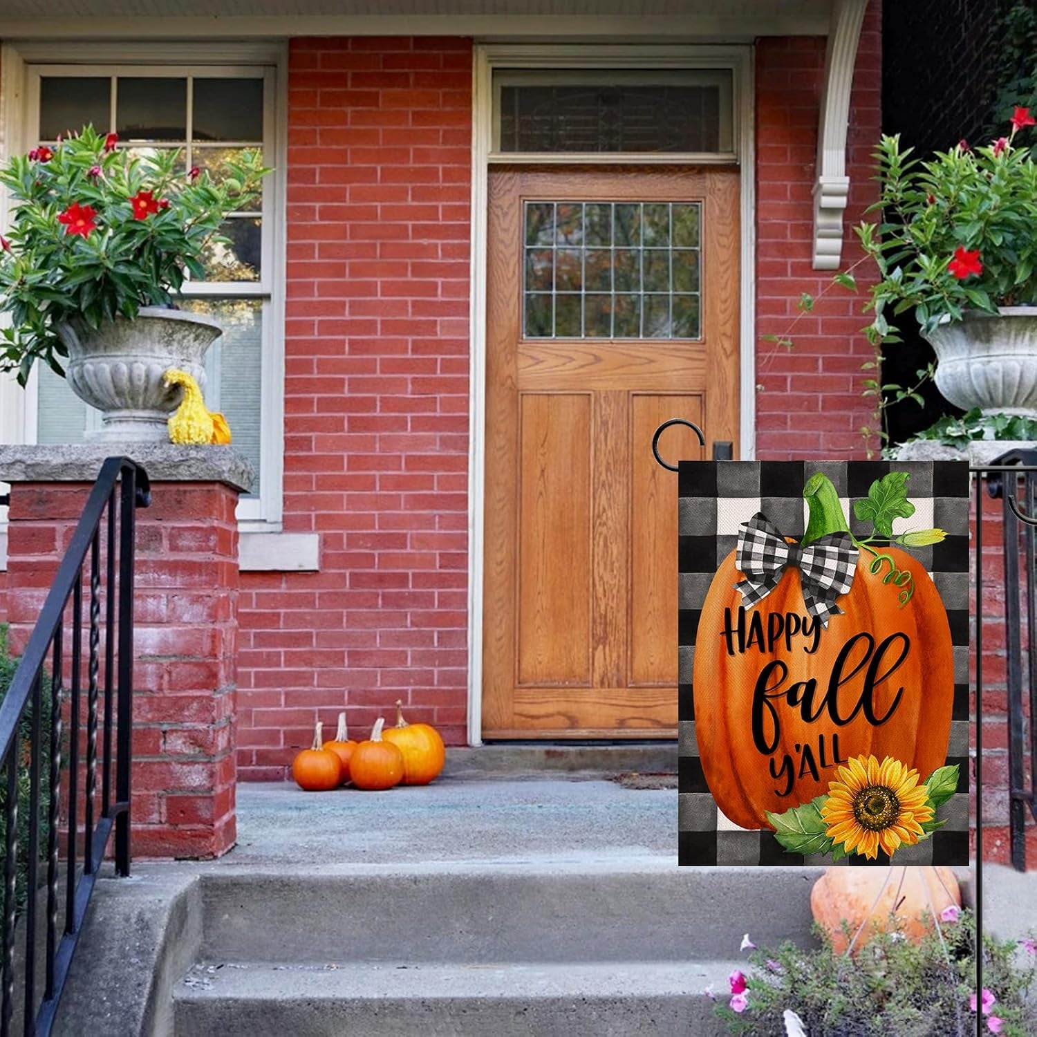 Happy Fall Y'All Farmhouse Pumpkin Decorative Burlap Garden Flag, Buffalo Plaid Check Home Yard Small Outdoor Decor, Rustic Autumn Harvest Sunflower outside Decoration Double Sided 12 X 18