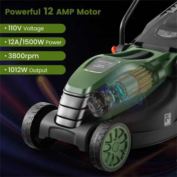 12-Amp Corded Electric Lawn Mower with Dual Safety Switch & 1500W Power