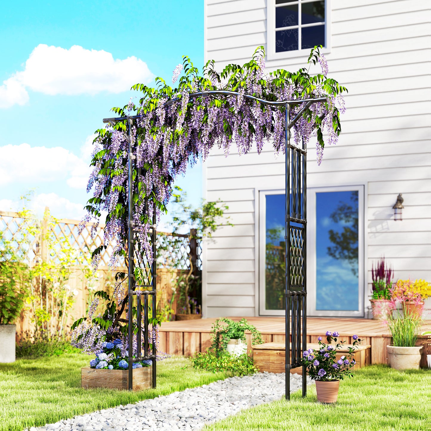 Steel Garden Arch Trellis with Extended Top and Snap-On Assembly, Black