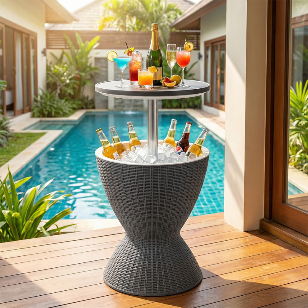 Outdoor Rattan Ice Cooler Bar Table with Adjustable Height | 8-Gal, 3-Piece Set