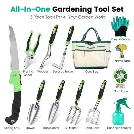 13-Piece Aluminum Garden Tool Set with Ergonomic Handles, Carry Bag & Accessories