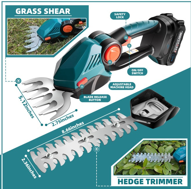 Cordless Hedge Trimmer 2-in-1 with Grass Shears & 21V Battery Kit