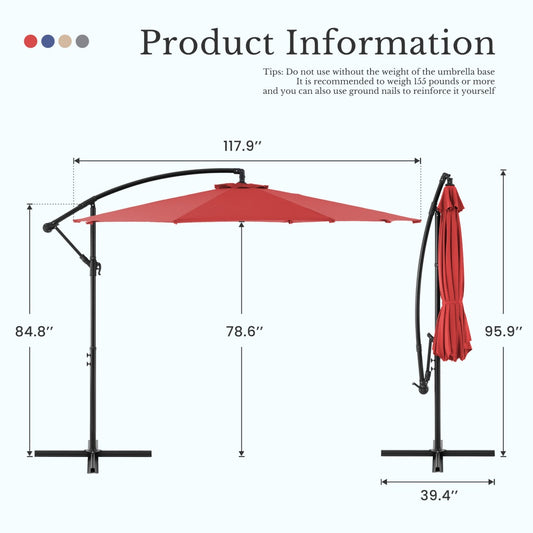 9.8 ft Offset Cantilever Patio Umbrella with Tilt and Crank, 4 Colors