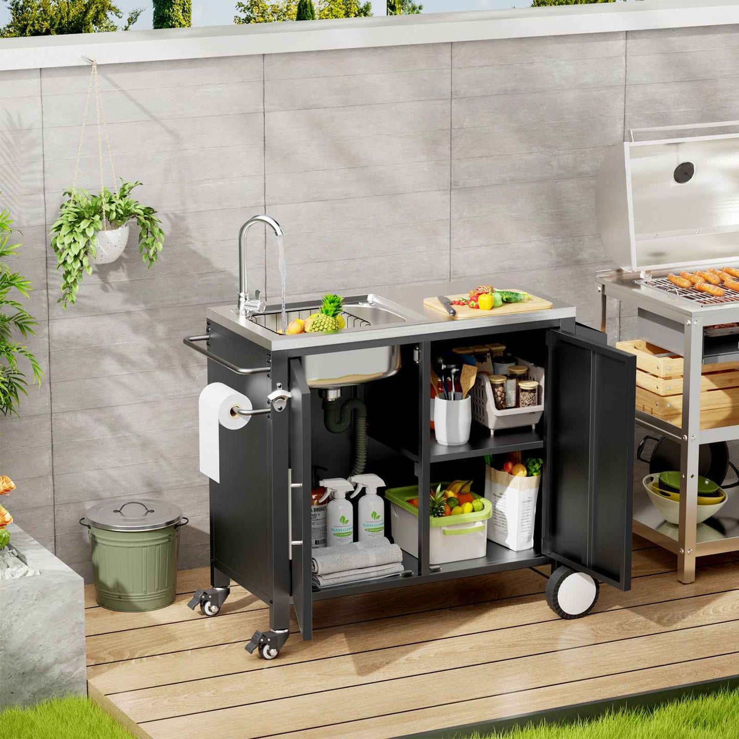 Stainless Steel Outdoor Grill Cart with Sink & Storage Cabinet