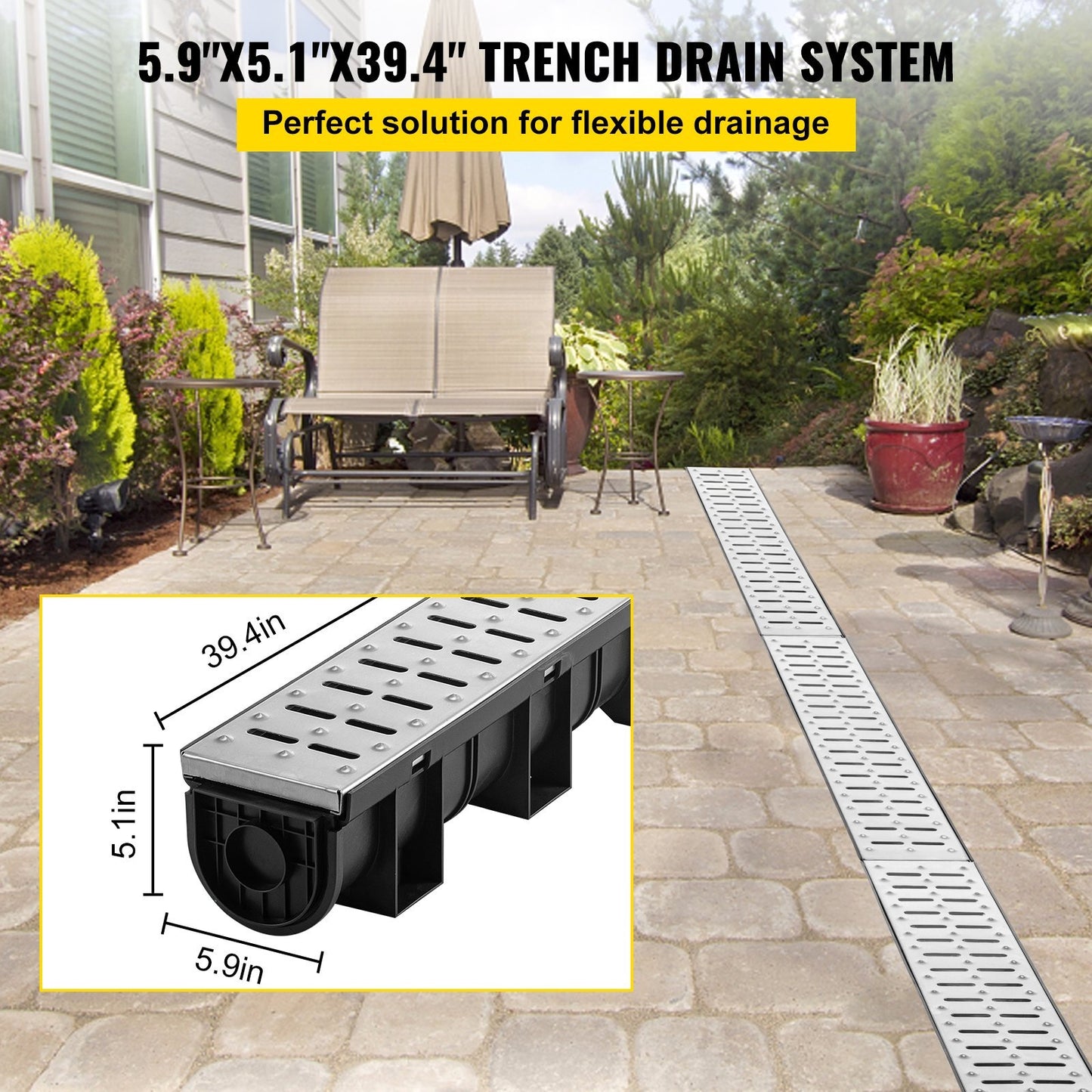 VEVOR 3-Pack Trench Drain System 39" Channel Drain with Metal Grate for Garage